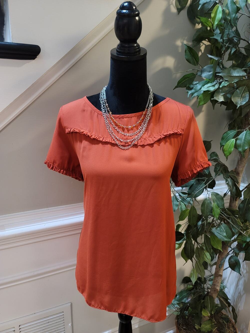 Loft Blouse Top Women's Medium Orange Gathered Ruffle Flutter Sleeve Boat Neck